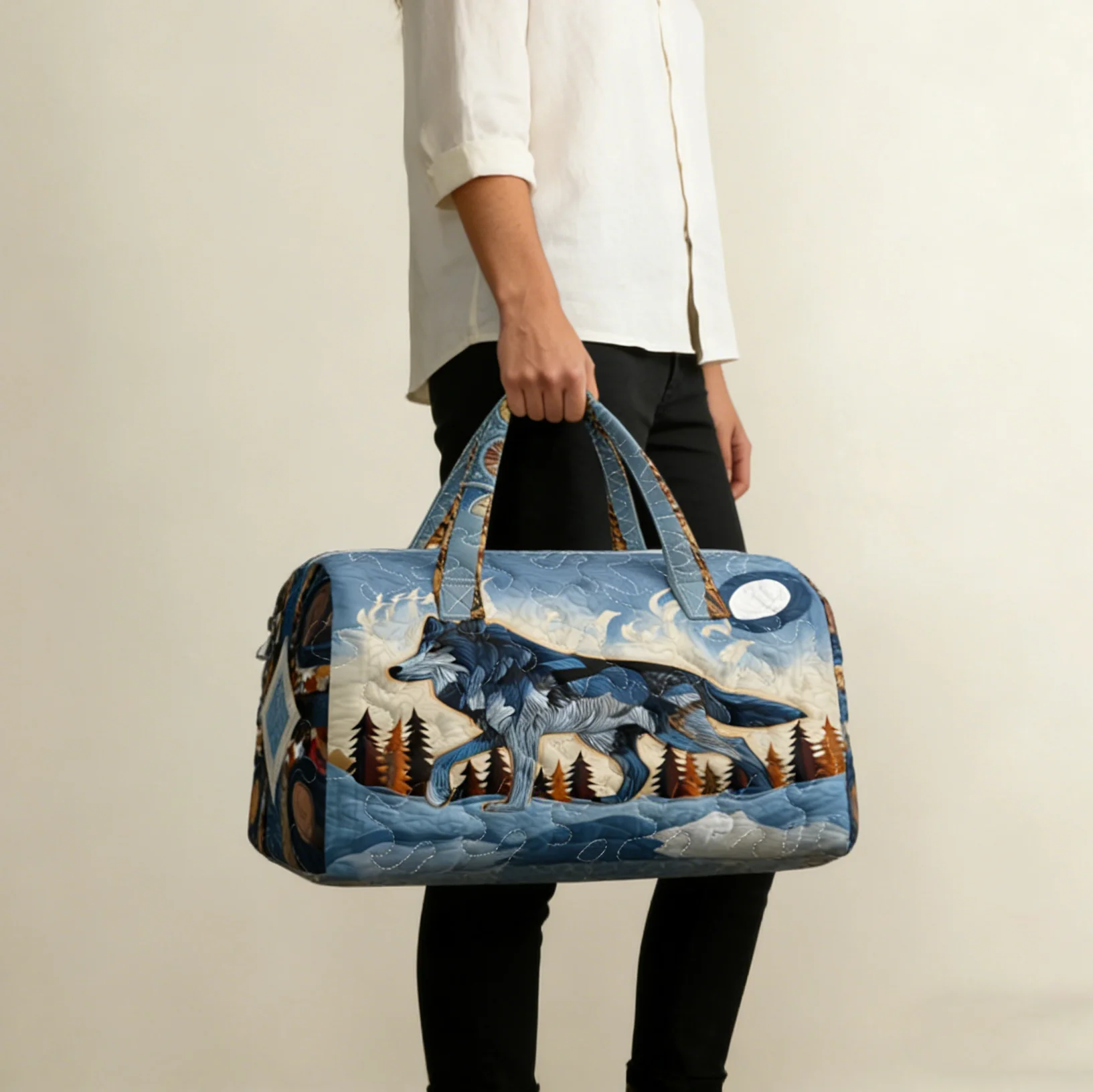 

Quilted Wolf Print Weekender Duffle Bag Large Capacity Women Travel Gym Overnight Lightweight Carry On Shoulder Bag