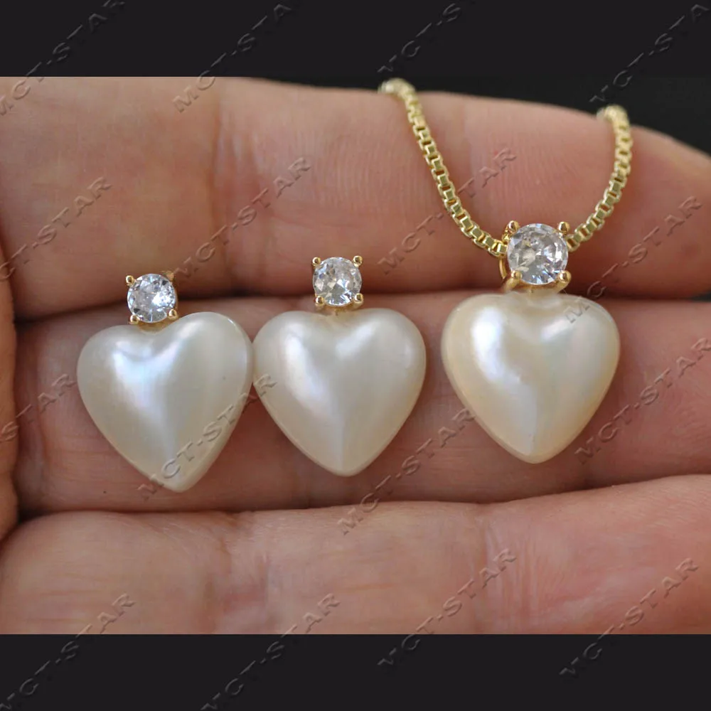 Z14749 Set 14mm Duchess Style White Heart South Sea Mabe Pearl Dangle Earring Pendant