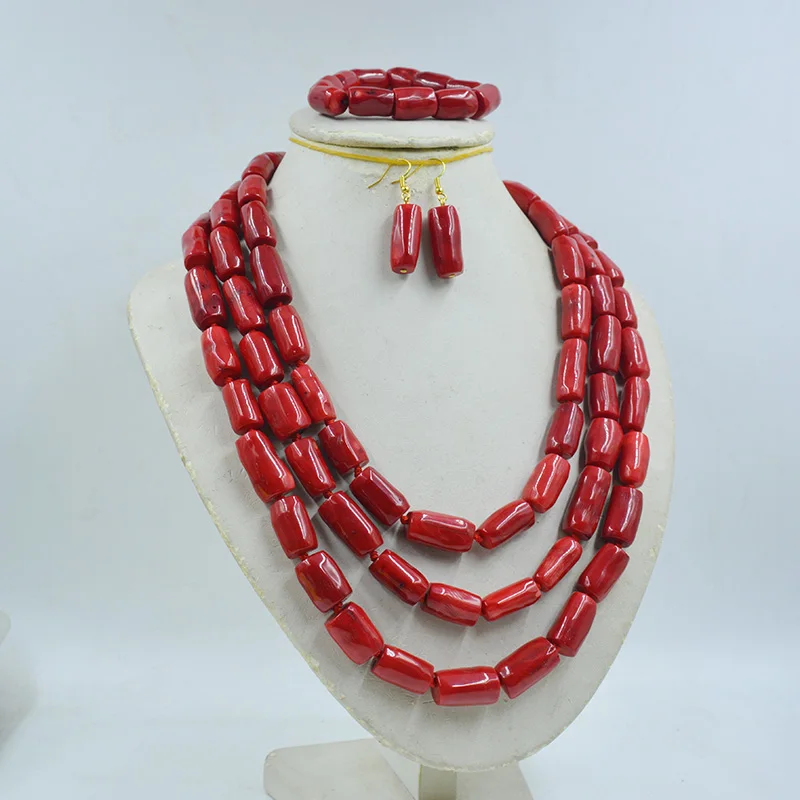 

Exquisite and beautiful! 12-15MM natural red coral necklace earrings bracelet suit. Charm Bride Classic Jewelry 19-22"