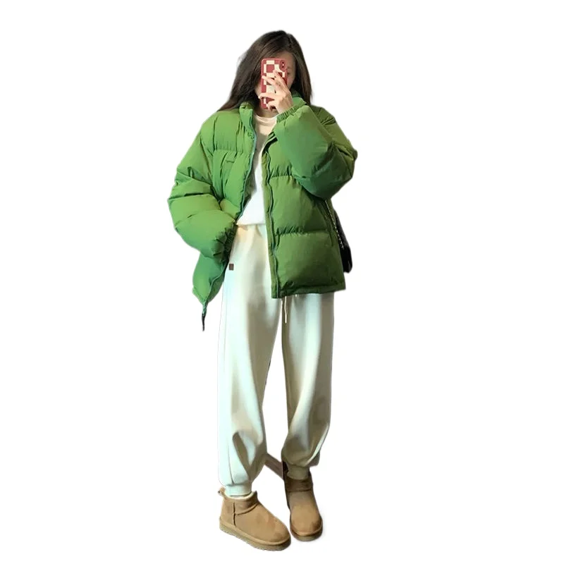 2023 New Winter Green Bread Cotton Coat Women\'s Short Korean Loose Cotton Coat Thickened Hooded Cotton Coat