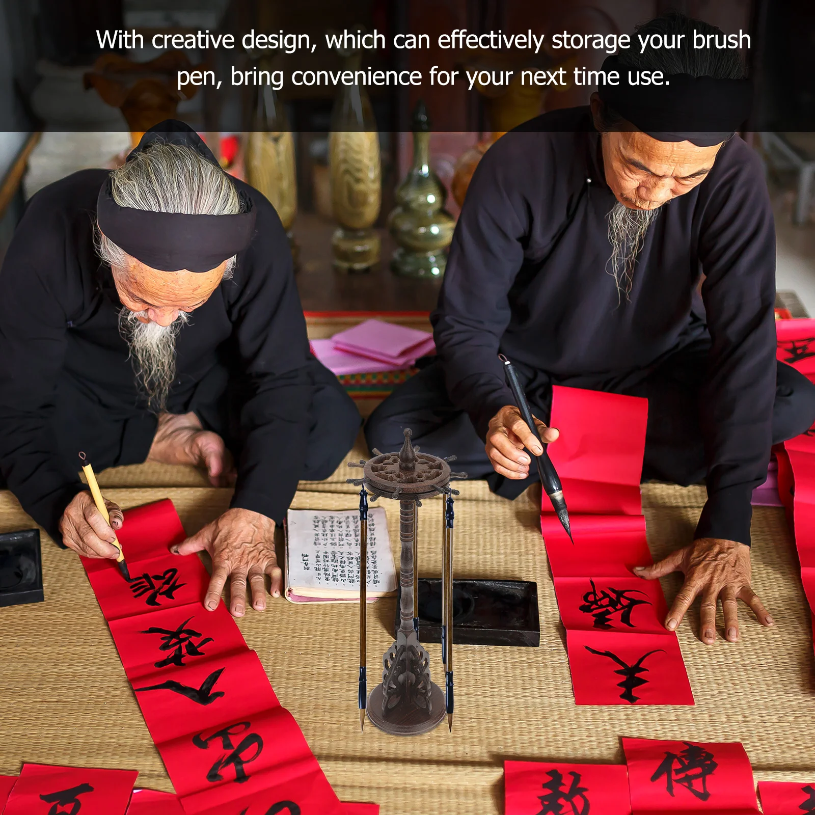 13 Slot Rotating Double Layer Solid Ebony Wood Brush Pen Rack Round Base Holder Desk Decor Accessory Storage Painting Canvas Art