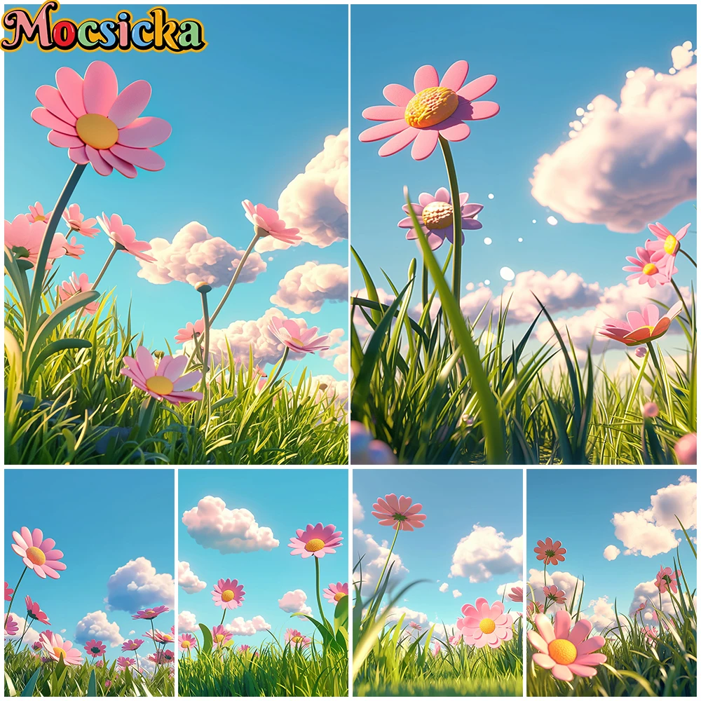 Mocsicka Spring Backdrop Easter Pink Flower Green Grass Blue Sky White Clouds Birthday Kids Baby Photo Background Outdoor Studio