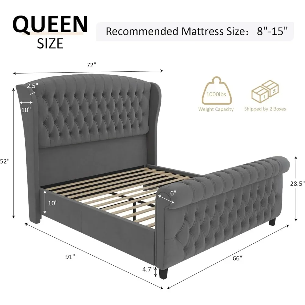 Queen Size Plataforma Cama Frame, Veludo Estofado Trenó, Cabeceira com Scroll Wingback, Footboard, Nenhuma Caixa Primavera Necessária