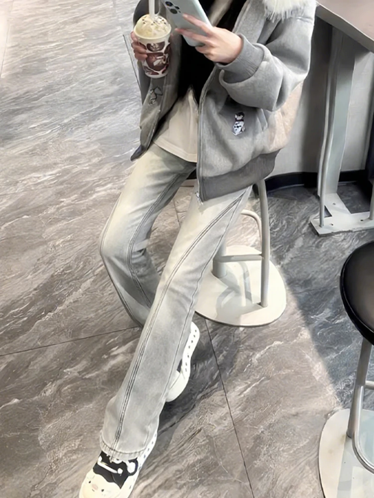 

Retro Blue Men's Flared Jeans American High Street Fce Lined Diagonal Cut Extended Version Straight Leg Pants