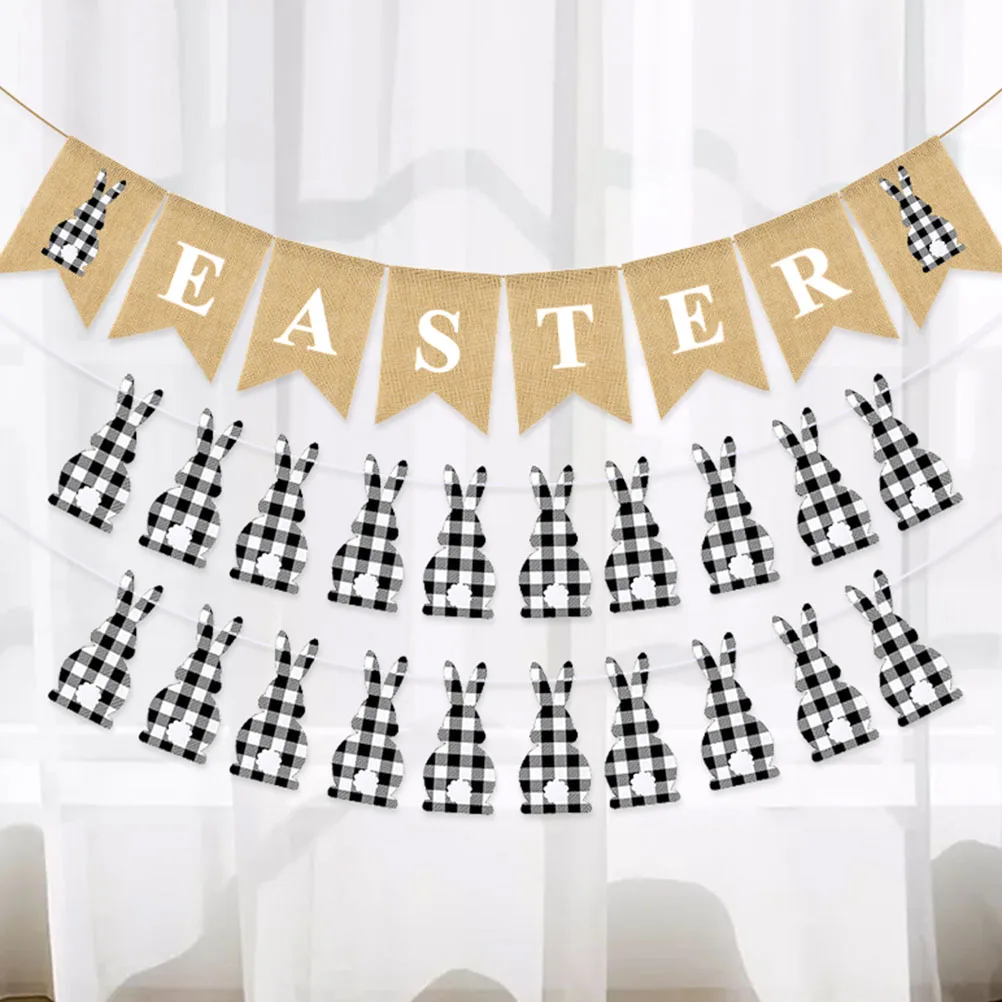 

Easter Rabbit Flags Bunting Decor Plaid Latte Art Indoor Outdoor Party Supplies Hanging Adorn Banner Easter Themed Decoration