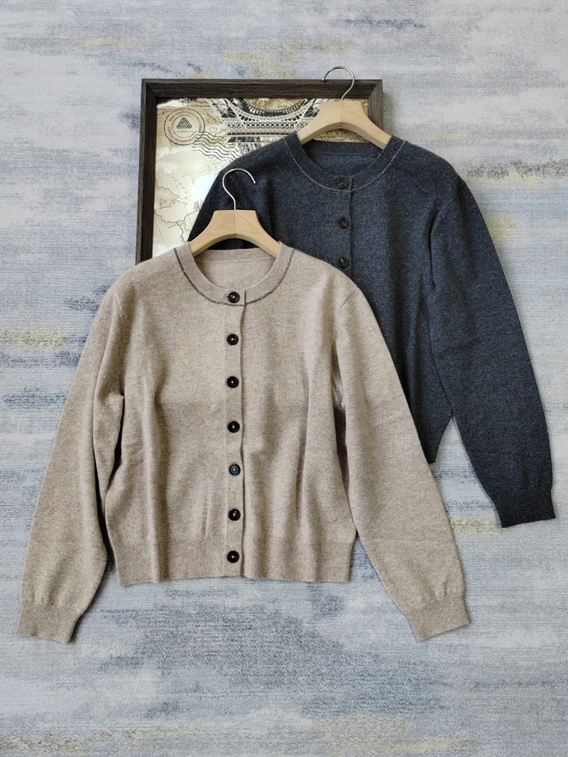 

Осенне-зимний кашемировый кардиган с короткой цепочкой из бисера и длинными рукавами, круглым вырезом, вязаный кардиган, куртка для женщин