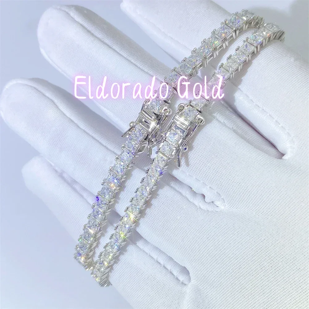 

Eldorado Gold New 4x4mm Princess Cut Moissanite Tennis Bracelet 925 Pure Silver Plated 18k with Certificates Fine Bracelets for