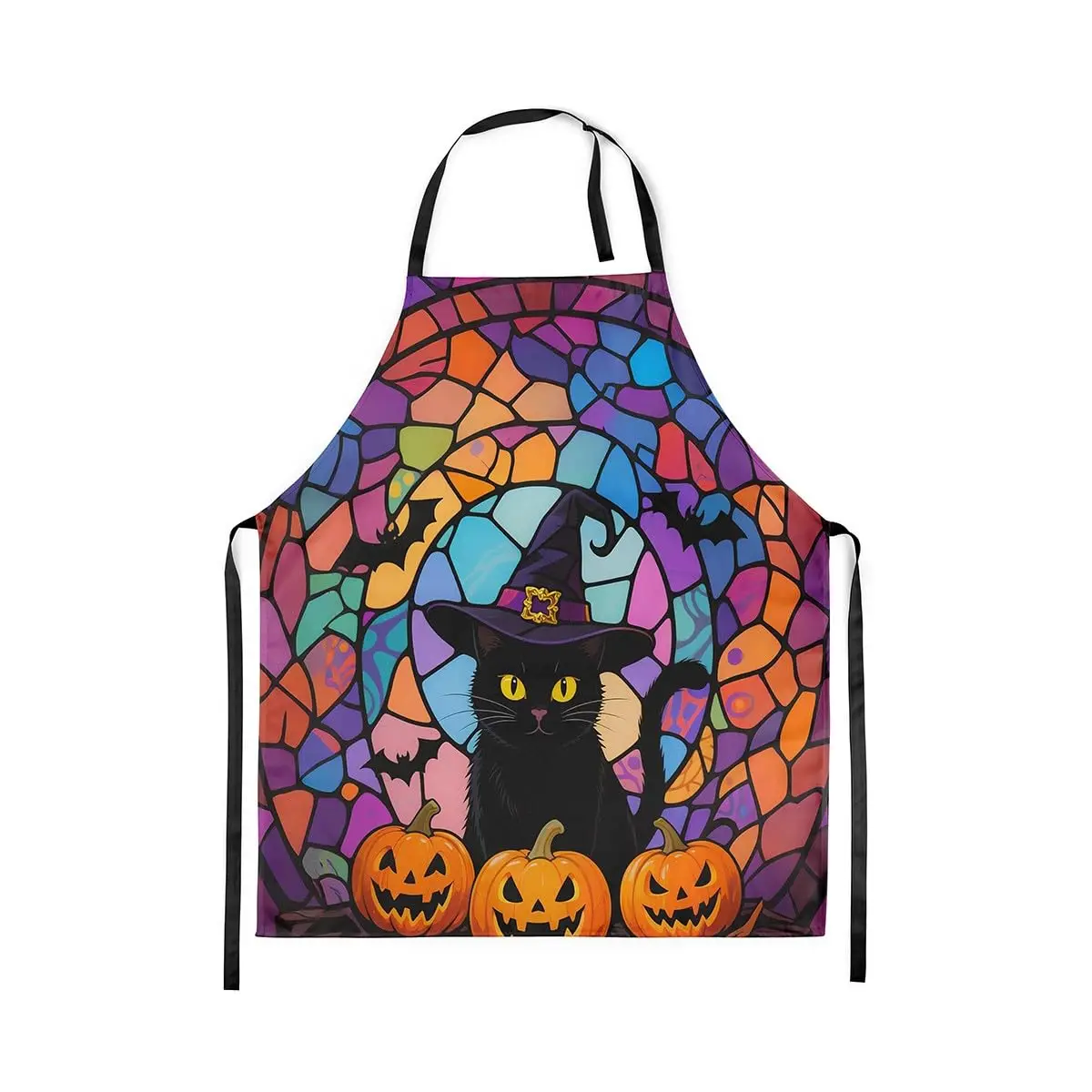 

Halloween Cat Kitchen Apron Orange Pumpkin Cute Kitty Wizard Apron for Adults Style Colorful Retro Grid Waterproof Apron