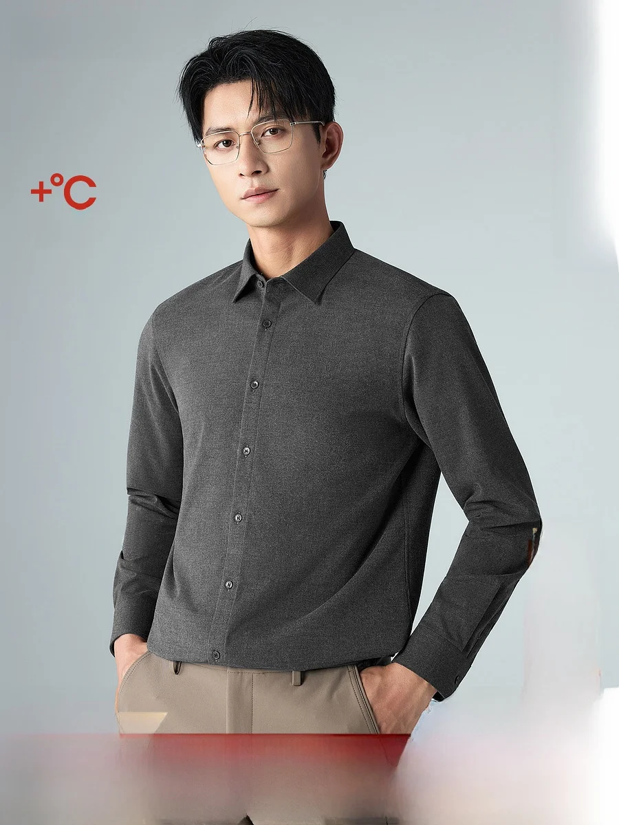 Lilanz Men's Business Casual Shirt Fleece Lined Brushed Long Sleeve Winter New Style Polyester Spandex Blend Standard Fit