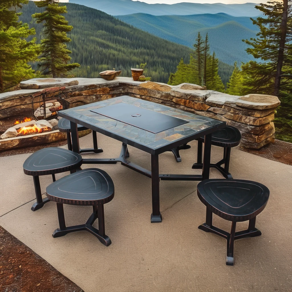 

Portable Steel Fire Pit Table and Chair Set Cast Iron BBQ Outdoor Furniture for Charcoal Fuel Patio Garden Dining Set
