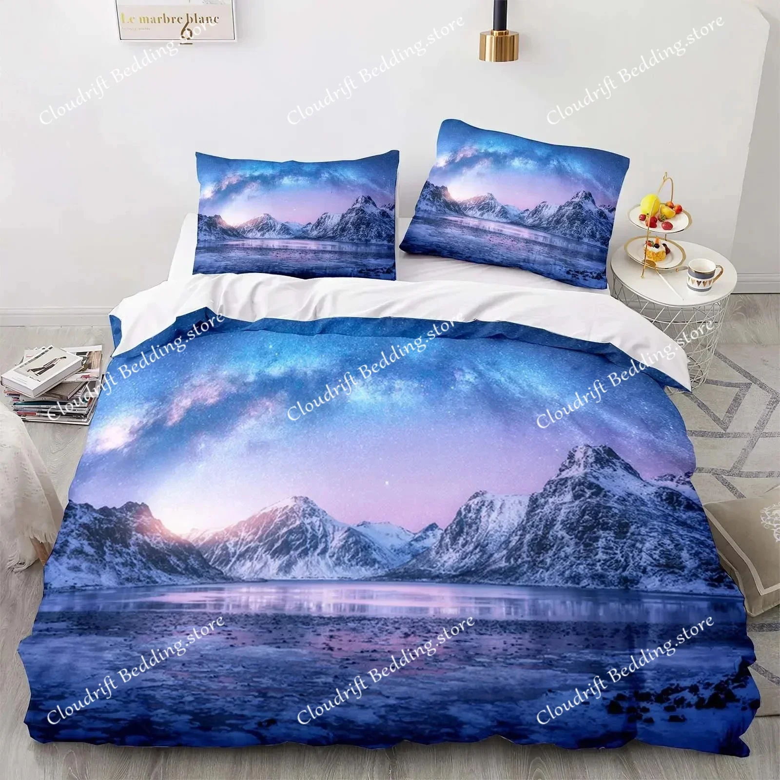 

3D Print Landscape Duvet Cover Mountain Flowing Water Bedding Set Aurora Special Bedclothes with Pillowcases Teens Quilt Cover