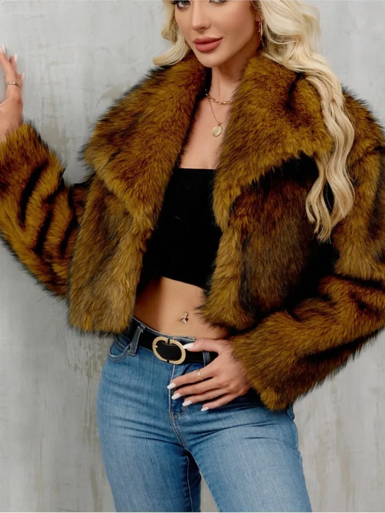 Abrigo de piel sintética degradado de invierno para mujer, chaqueta de piel Artificial corta gruesa con cuello de solapa para mujer, abrigo elegante de piel sintética para mujer