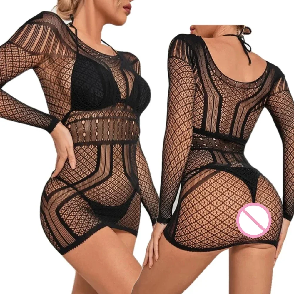 2025 Nuovo abito da spiaggia Sexy Net Hollow Lingerie Donne erotiche Sheer Sleepwear Fishnet Night Club Party Wear Beachwear sexy