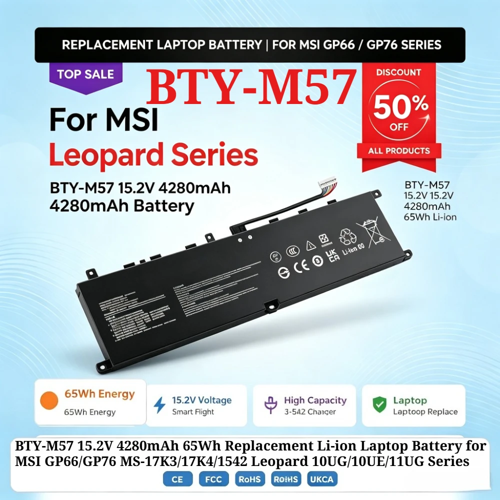 BTY-M57 15.2V 4280mAh 65Wh Replacement Li-ion Laptop Battery for MSI GP66/GP76 MS-17K3/17K4/1542 Leopard 10UG/10UE/11UG Series