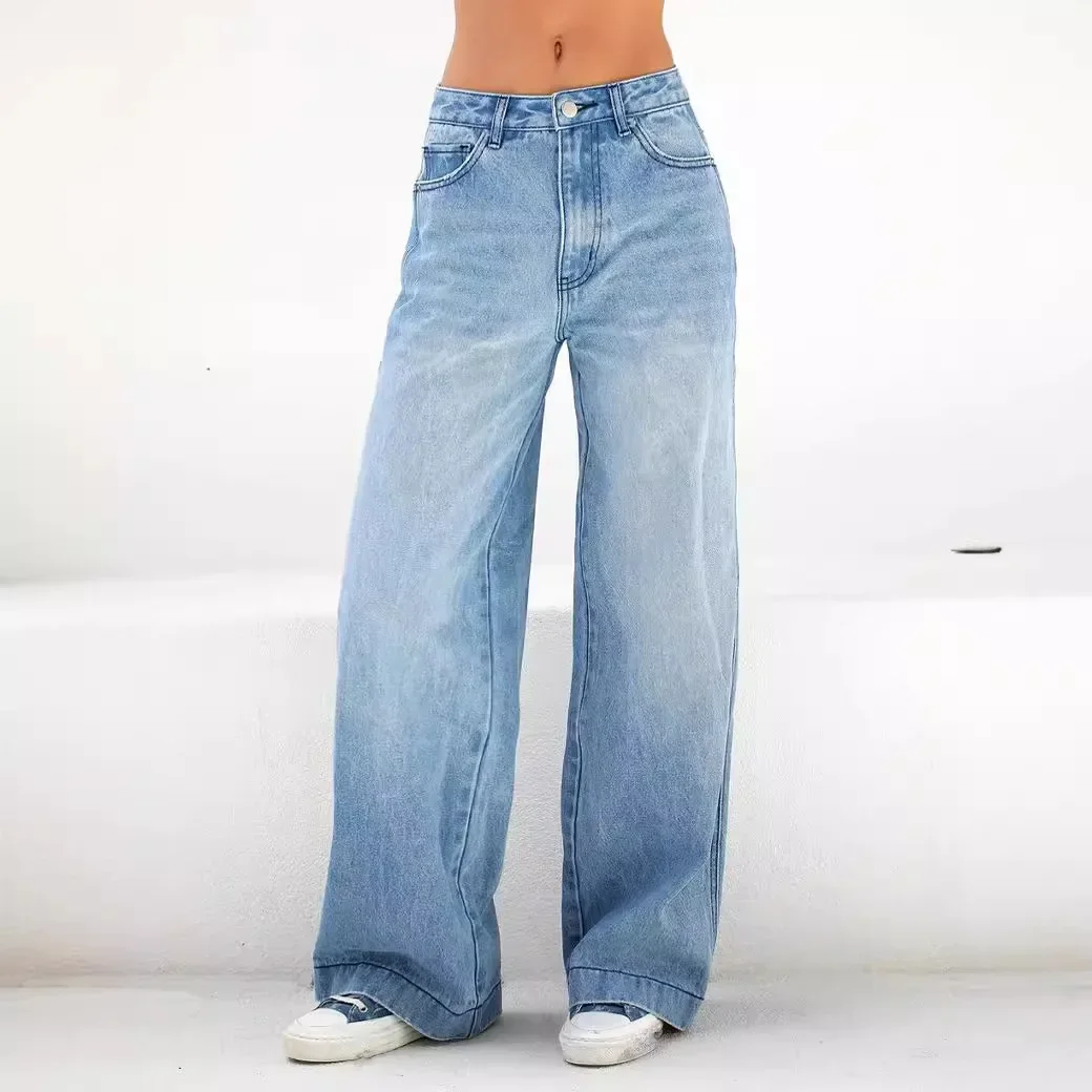 Women's Fashion High-waisted Baggy Wide-leg Jeans Individuality Street Straight Barrel Reach The Ground Jeans with Pockets Y2k