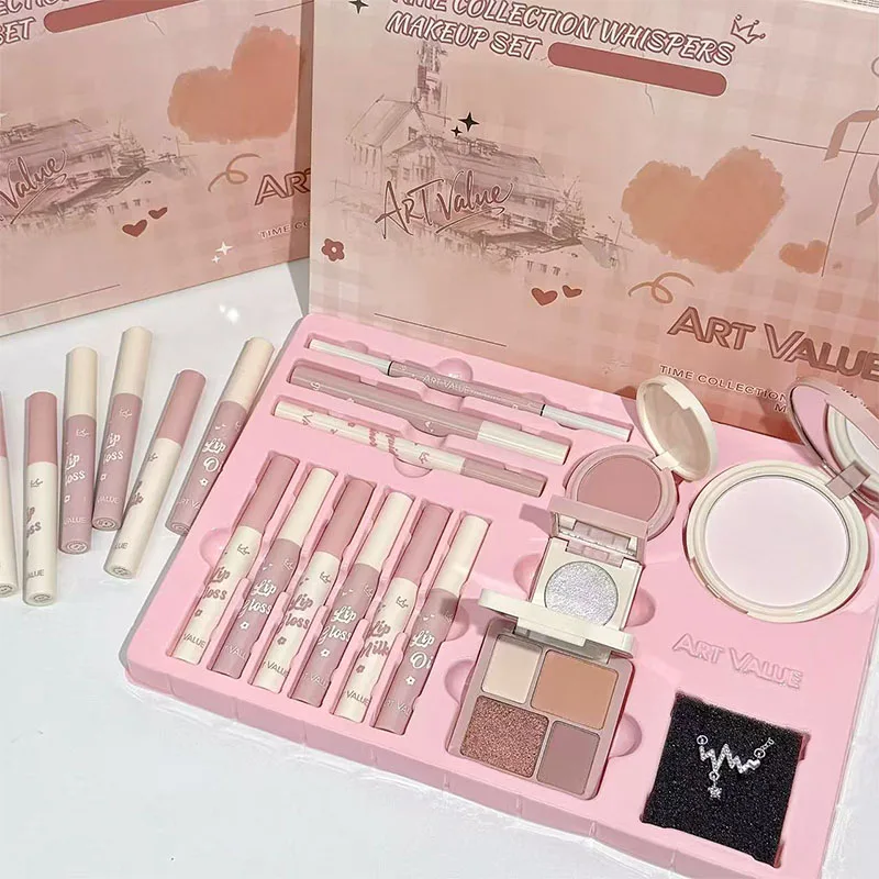 Coffret cadeau de maquillage de couleur, 14 pièces, poudre de couleur pour les lèvres, fard à joues, ombre à paupières, crayon à sourcils, eye-liner, ensemble de maquillage noir, cadeau de vacances