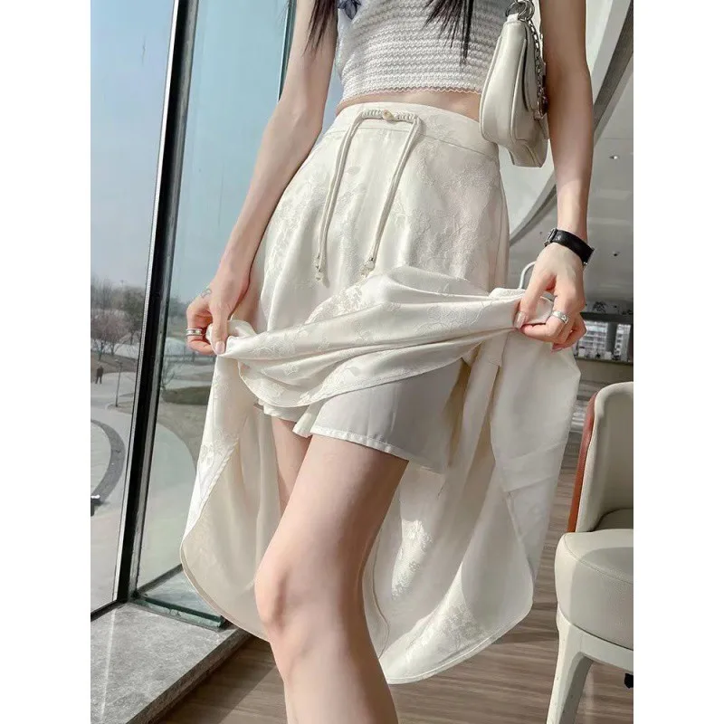 

New Chinese Style Satin Jacquard Skirt 2024 Summer Thin High Waist Acetate Casual Medium and Long Word Drape Skirt Female