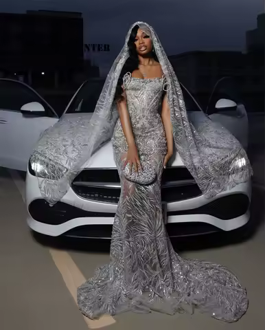 Sparkle Silver Beads Strapless Evening Dress With Headscarf Mermaid Aso Ebi Formal Party Dress African Wedding Guest Customized
