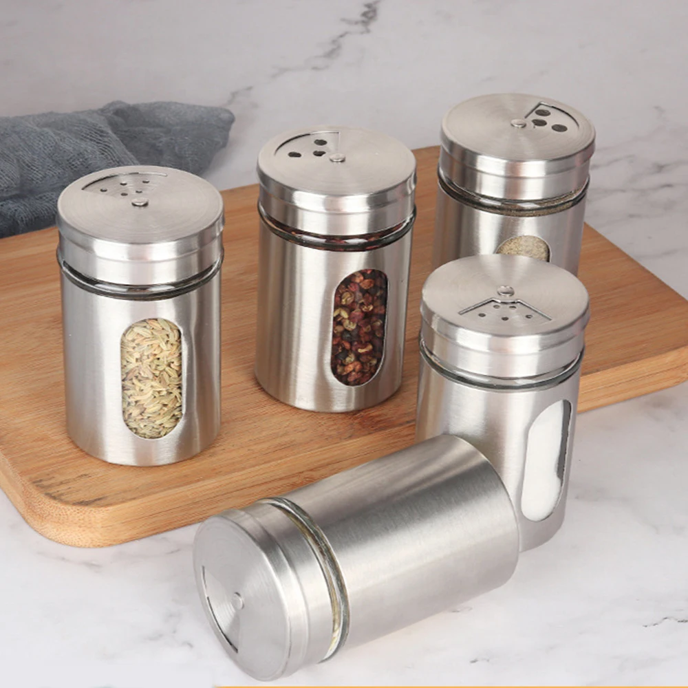 Stainless Steel Spice Seasoning Jar Built in Glass Bottle Rotating Cover Three Types of Perforation Methods: Large, Medium, And