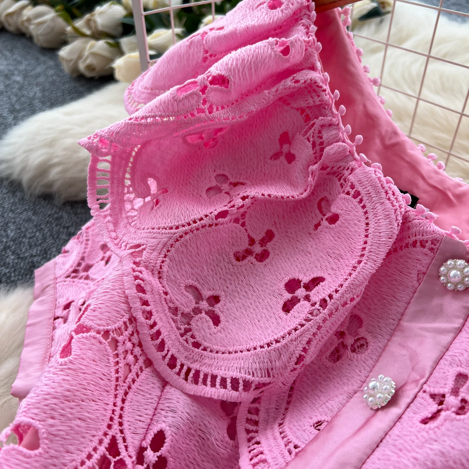 Stickerei Elegantes Kleid Für Frauen O Hals Kurzarm Hohe Taille Cut Out Midi Kleider Weibliche Sommer Kleidung