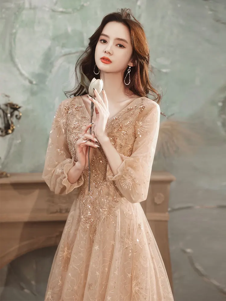 

Ele Long Sve Evening Gown Champagne Color Host Dr for Art Exam New 2026 Luxury High-End Annual Conference Women'...