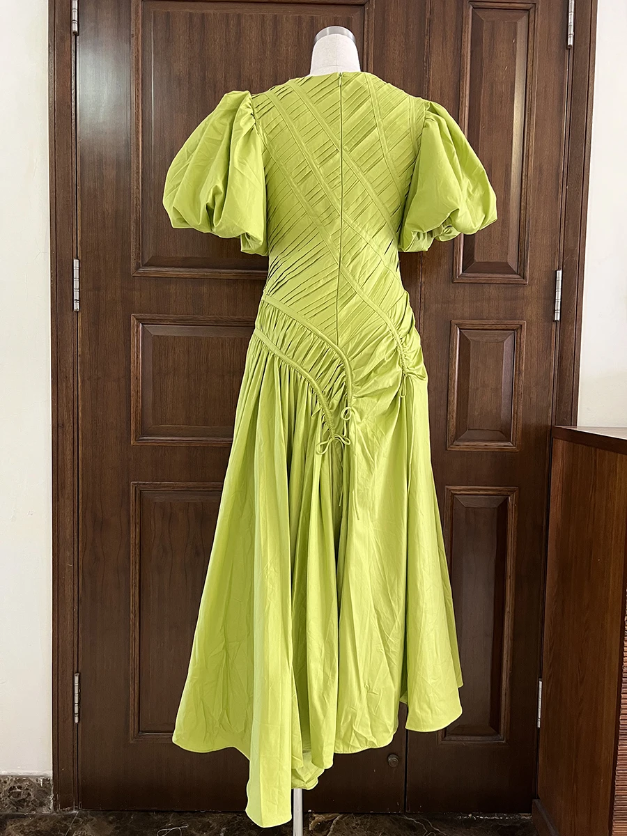 VGH Solid Spliced Drawstring Folds Designer Maxi Dress for Women O Neck Puff Sleeve High Waist Elegant Party Dresses Female New - Image 6