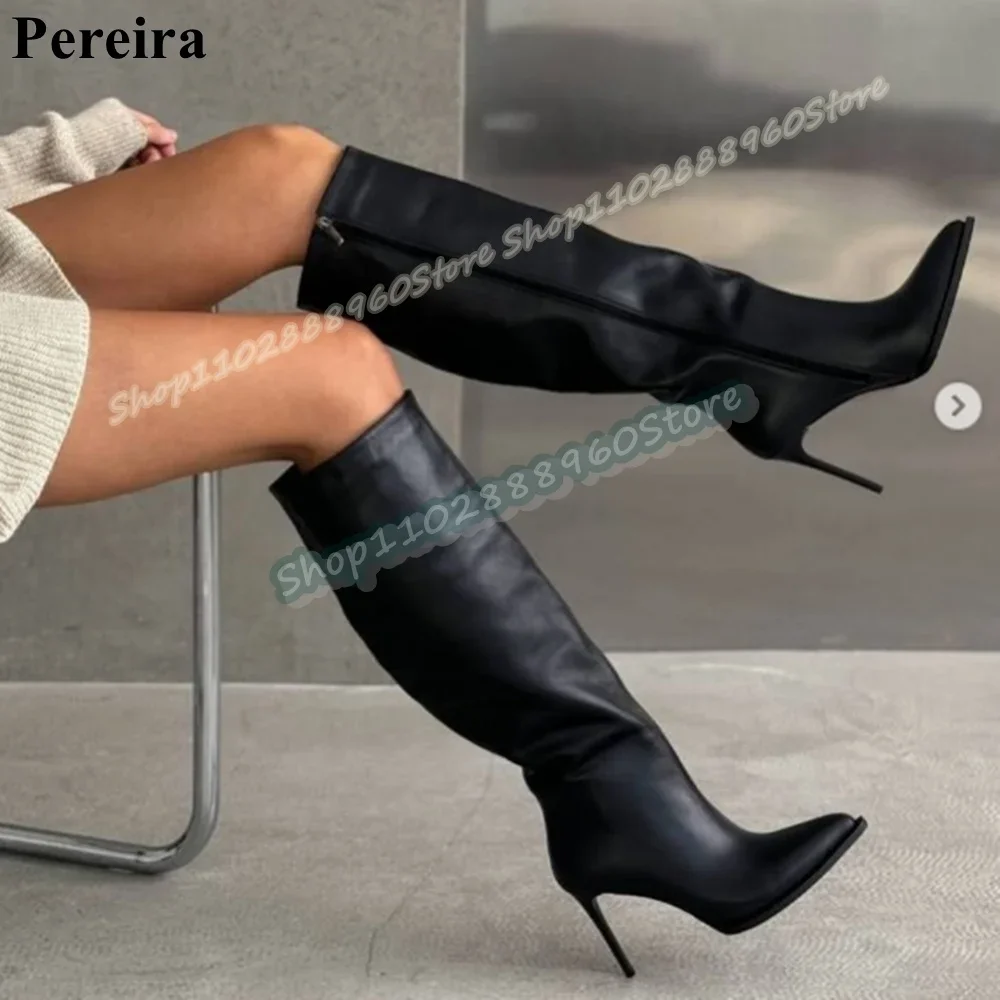 

Simple Knee High Black Leather Pointy Boots Thin High Heel Shoes For Women Side Zipper Pointed Toe Casual Zapatos Para Mujer