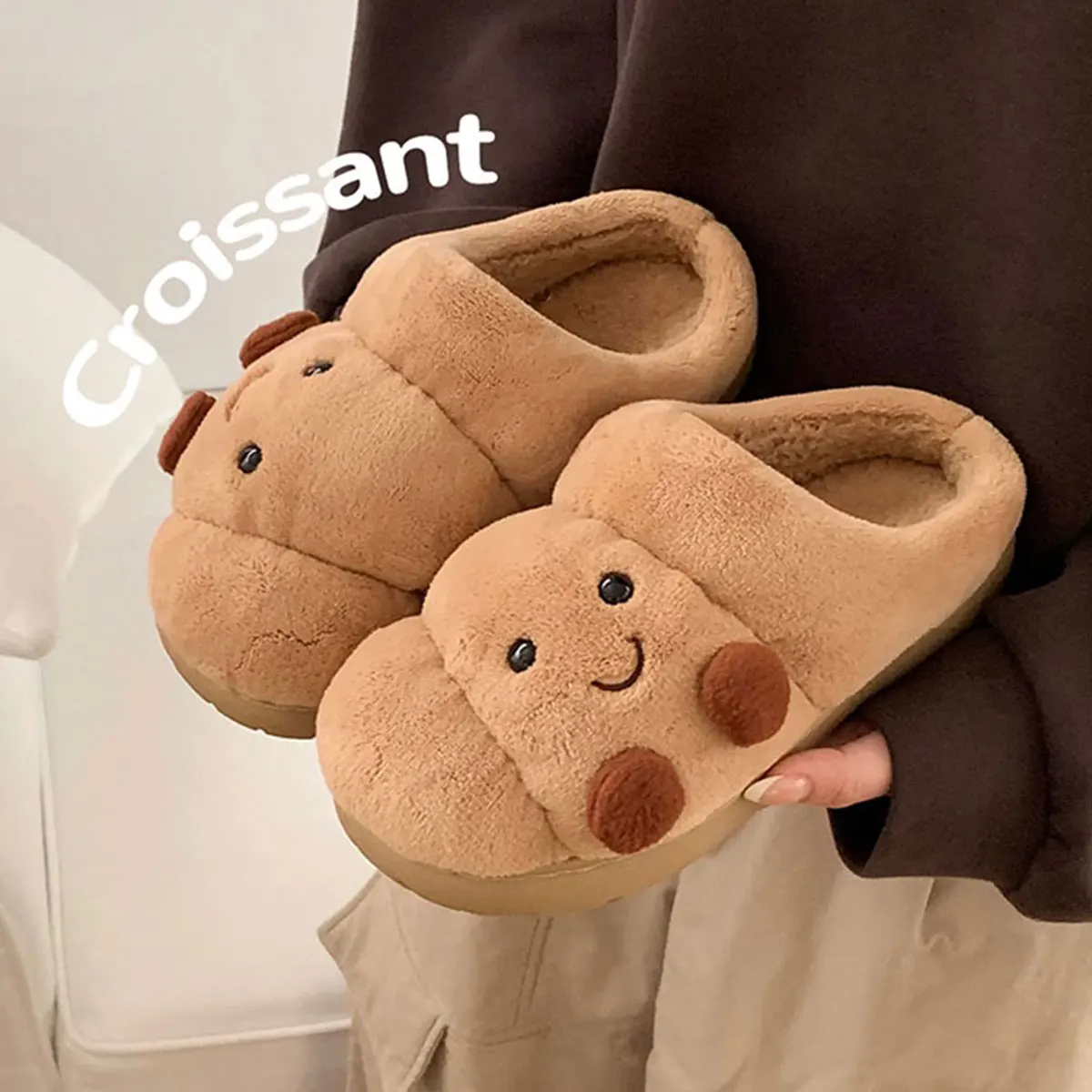 Fun Croissant Bread Cotton Slippers for Men and Women, Winter Couple Home Use, Thick-Soled Non-Slip Home Slippers for Women