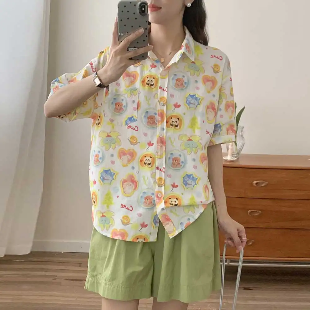 

Японские милые хлопковые рубашки с мультяшным принтом Mori Girl, женские летние праздничные гавайские блузки с отложным воротником и короткими рукавами
