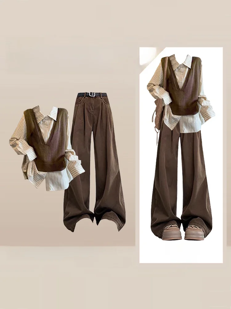 

Осенне-зимний корейский комплект для повседневной носки: женская полосатая рубашка, многослойный вязаный жилет, облегающие брюки с широкими штанинами, комплект из трех предметов