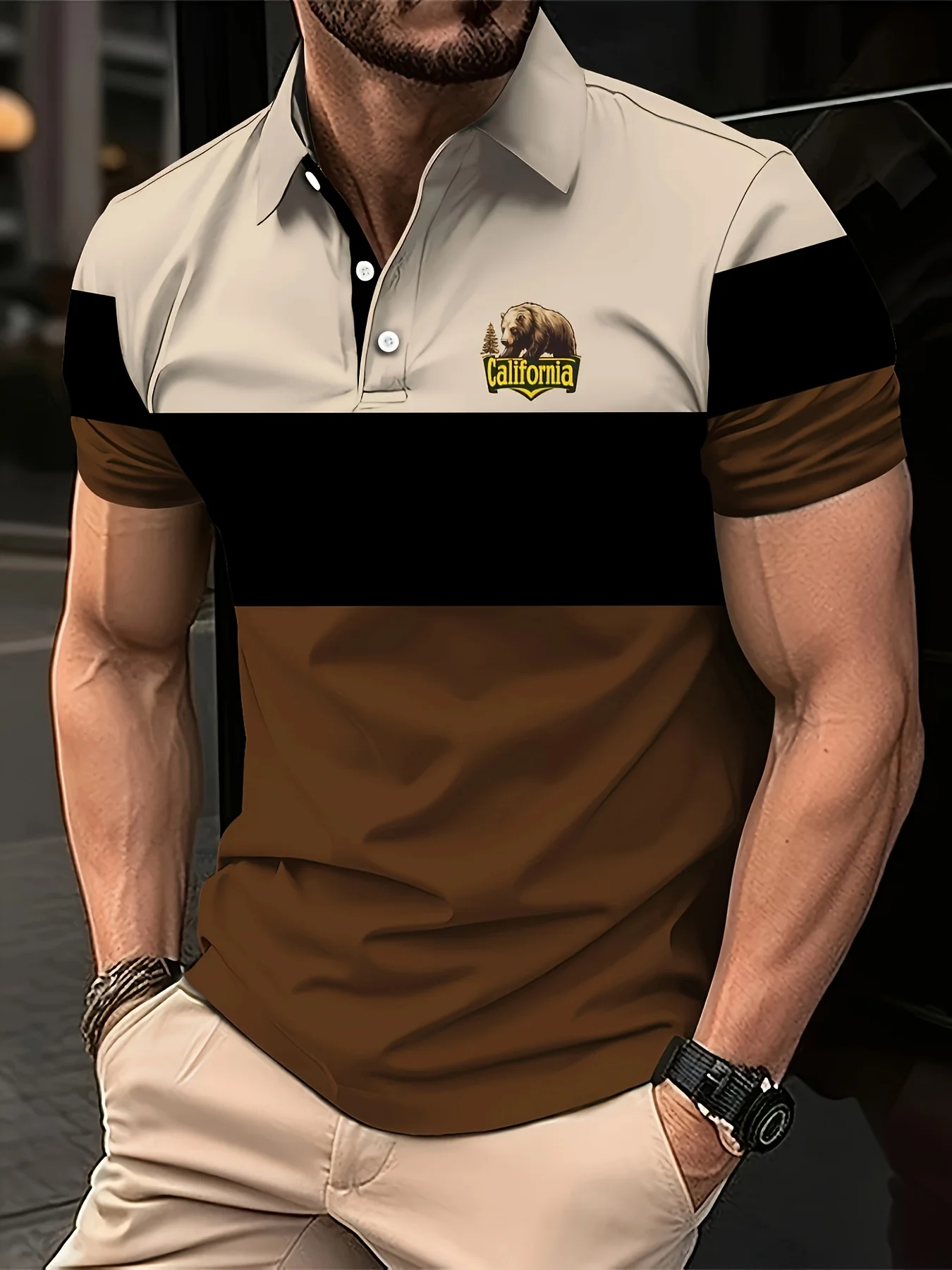 New men's short-sleeve polo shirt T-shirt, loose-fitting and tailored with printed patterns, versatile basic crew-neck top suita