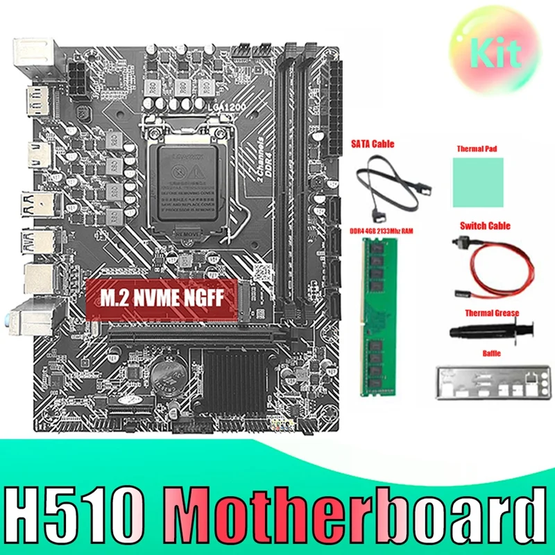 

Материнская плата H510 + DDR4 4G 2133 МГц ОЗУ + кабель SATA + перегородка LGA1200 DDR4 Gigabit LAN PCIE 16X для комплекта ЦП I3 I5 I7 10/11 серии