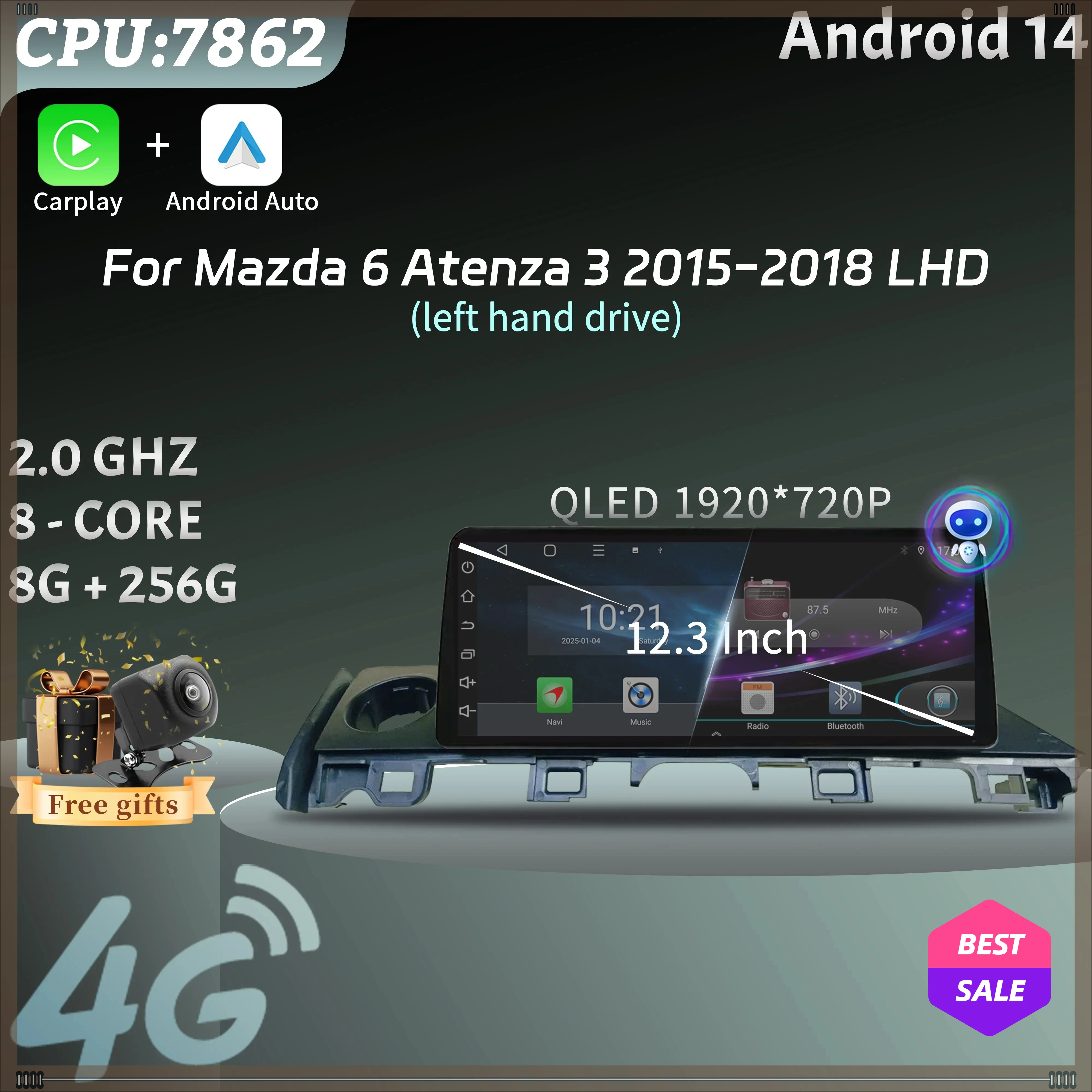 For Mazda 6 Atenza 3 2015-2018 12.3  Left Hand Drive Car Radio Multimedia Wireless Carplay Multimedia 4G GPS Stereo Touch Screen