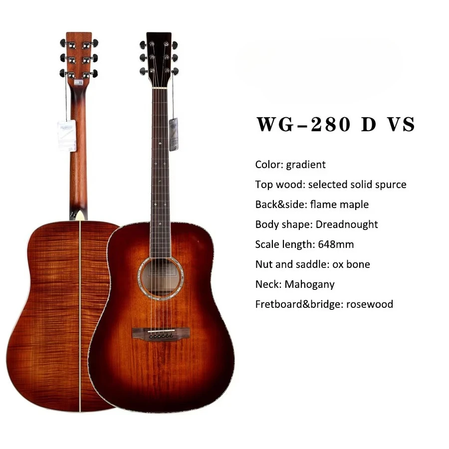 WG280 Wavegarden Professional Solid Semi Acoustic Guitar Solid Sitka Spruce Top Flame Maple Back/Sides Premium Musical