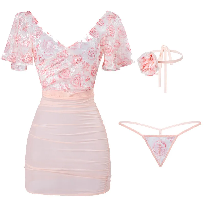 섹시한 시스루 딥 V 플로럴 로즈 라이트 얀 하이웨이스트 힙 랩 스커트 섹시 유니폼 에로틱 속옷 세트