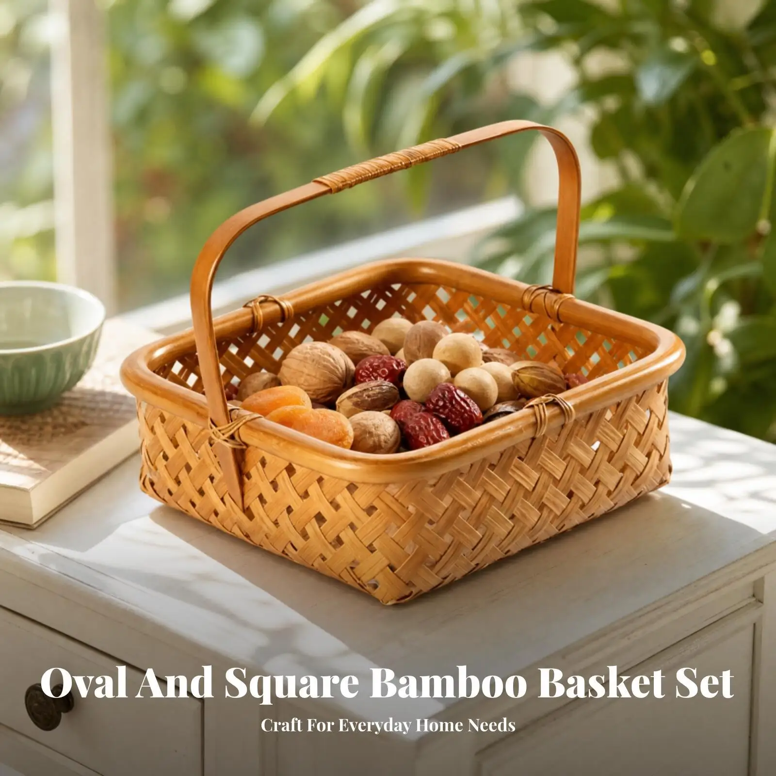 Rustic Handwoven Bamboo Basket | Breathable Open-Weave Design, Bamboo Basket with Handle, for Kitchen