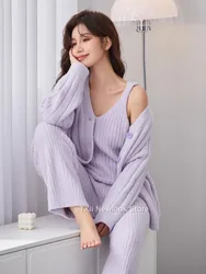 Pajamas Women's Winter New Half-side Velvet Three-piece Set Sling Nightgown Pants Thickened Internet Popular Style Home Clothes