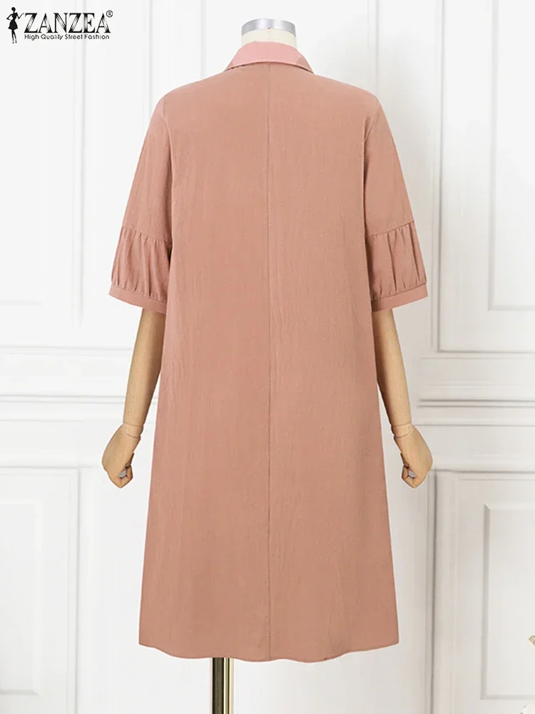 ZANZEA ผู้หญิงฤดูร้อน Vestidos 2025 แฟชั่น Vintage ผ้าฝ้ายเสื้อเกาหลี 3/4 Sleeve Midi Elegant Solid ปุ่ม Robe