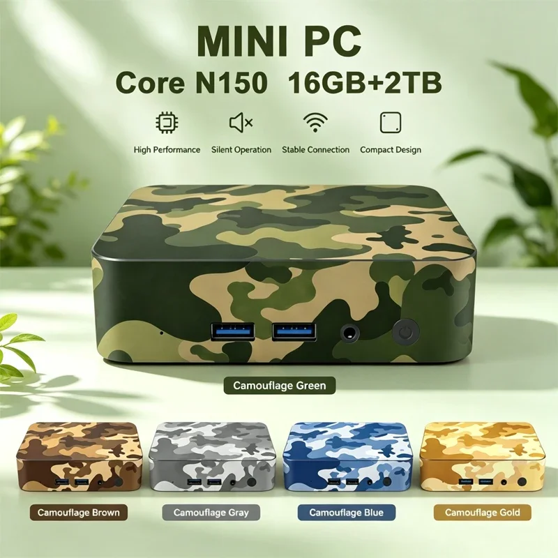 Camouflage Mini PC Intel N150 Dual HDMI LAN USB 16G+2TB Storage Quiet Cooling Mini Desktop For Light Gaming Office