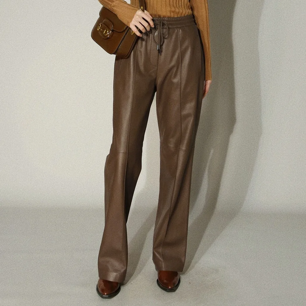 Tao Ting Li Na Genuine Leather Pants, Elastic Waist Drawstring Design, Slim Long Sheepskin Wide-leg Pants