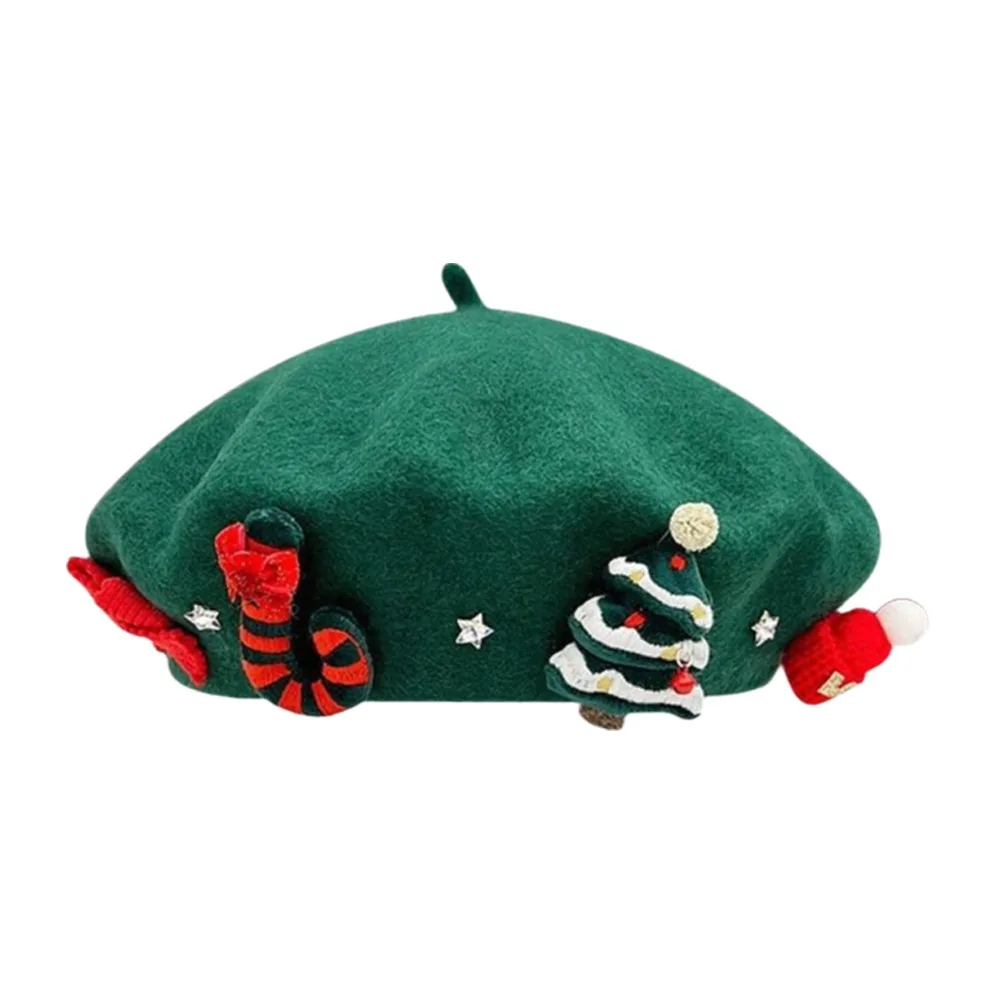 Red Green Color Christmas Beret Hat Wool Felt Material Bow Design Painter Beret Hat High Quality Soft Warm Fabric