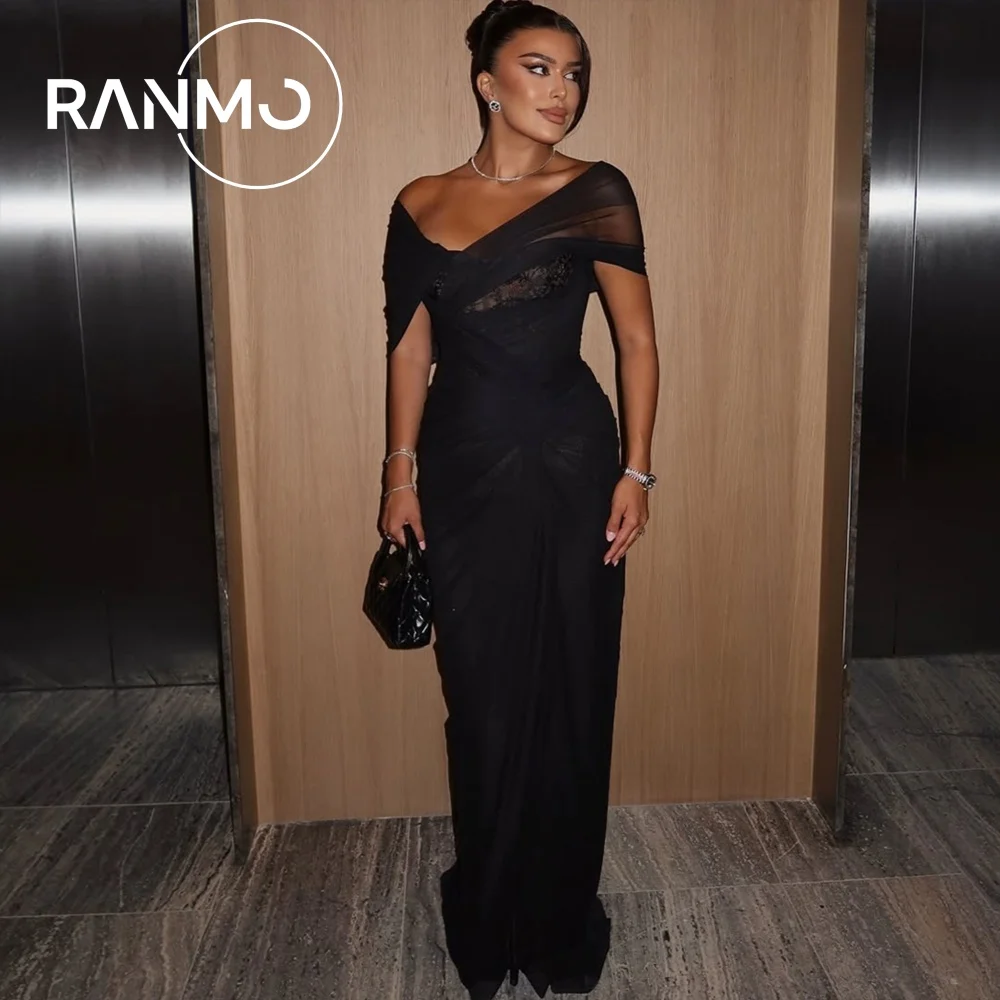 

Ranmo 2026, черное изысканное вечернее платье-русалка, плиссированное портретное платье из органзы со шлейфом, высококачественное платье для выпускного вечера