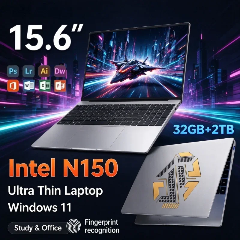 15.6 Inch Intel N150 Laptop Windows 11 32GB RAM 1TB 2TB SSD Fingerprint Unlock Portable Business Notebook Gaming Laptop Computer