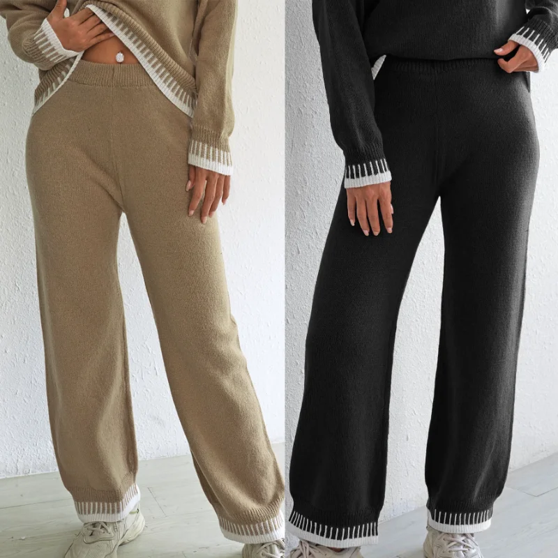 سراويل نسائية سميكة للخريف والشتاء بألوان متباينة، سراويل صوفية منسوجة واسعة الساق غير رسمية #1
