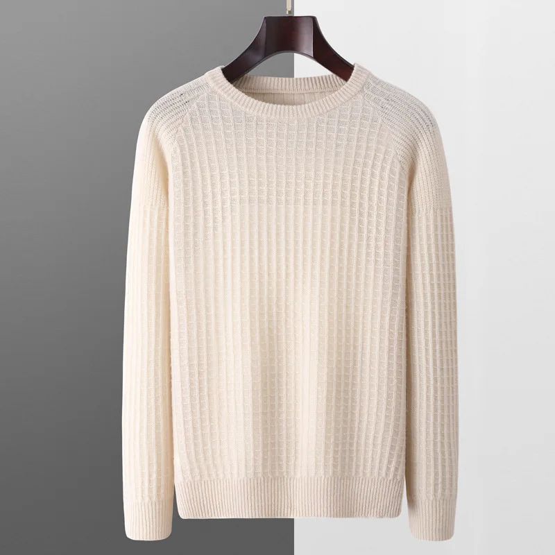 Autumn Winter Round Neck Plaid Pure Wool Knitted Sweater Elegant Daily Jumper
