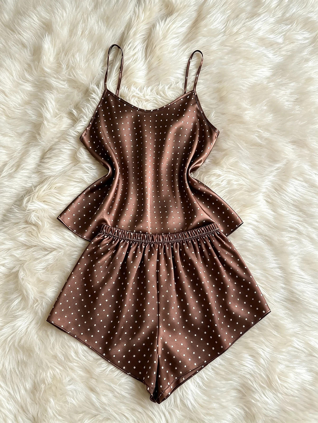 New Fashion Women Polka Dot Print Satin 2Pcs Pajama Set Elegant Round Neck Top Elastic Waist Shorts Ladies Home Sleepwear view 3