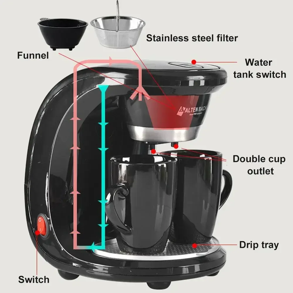 220v 450w casa elétrica vapor gotejamento cafeteira automática dupla xícara máquina de café dupla utilização máquina de chá de café americano