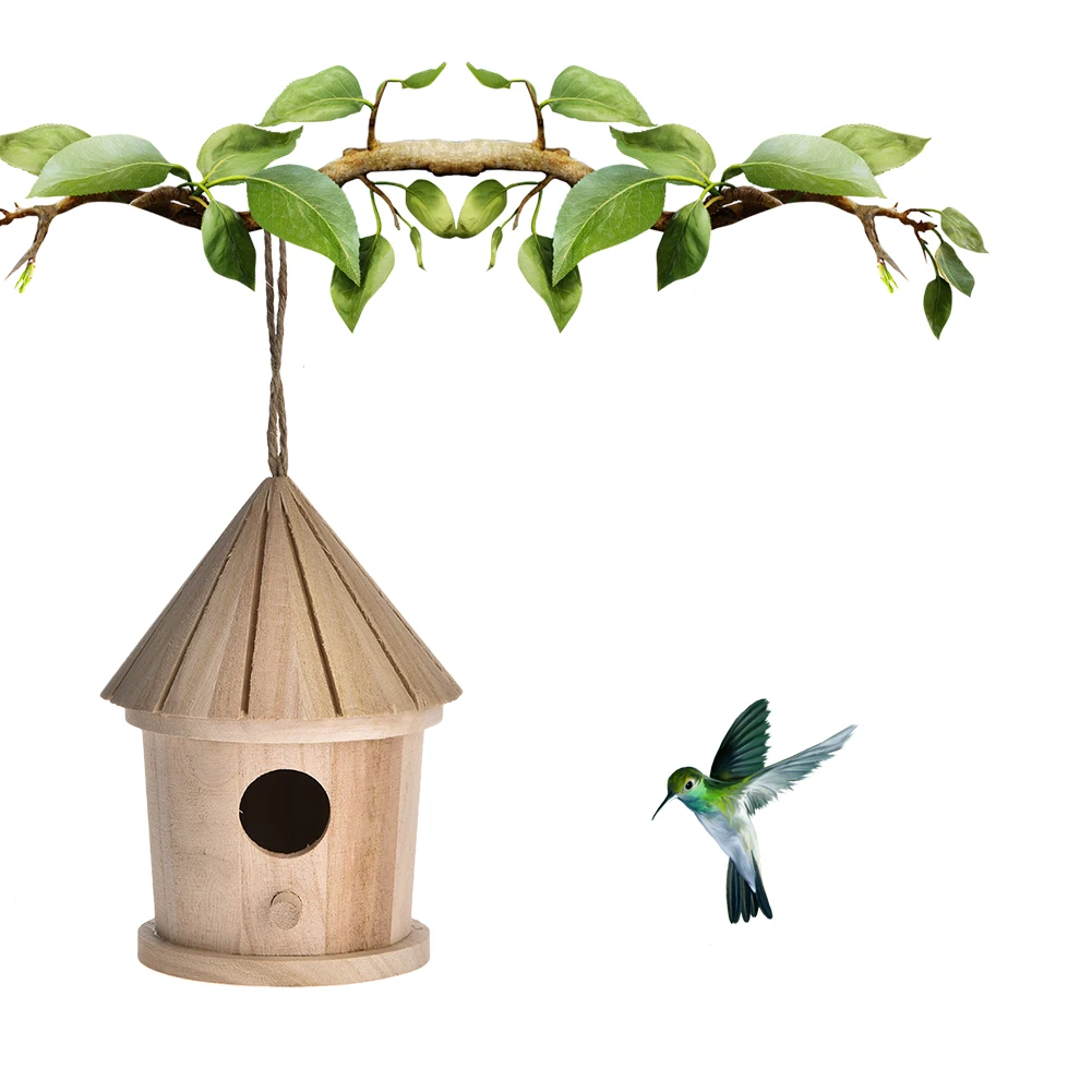 DIY Bird Nest Hanging Bird House Natural Wooden Bird Cage Resting Place Wall-mounted Outdoor Garden Tree Simple Birdhouse