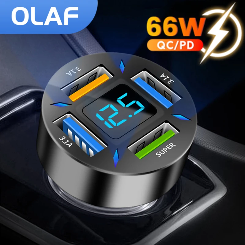 Olaf Four Model Car USB Charger PD QC 3.0 66W Fast Charge Car Phone Charger For iphone Xiaomi Huawei SCP USB Type C Car Charger