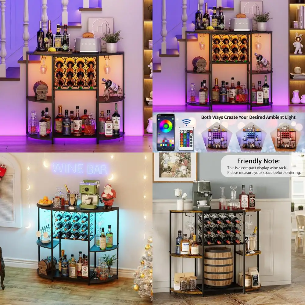 

LED-Illuminated Wine Bar Cart with Storage, Glass Holder, and 3-Tier Shelf for Home Bar in Kitchen, Dining, and Living Rooms, Bl